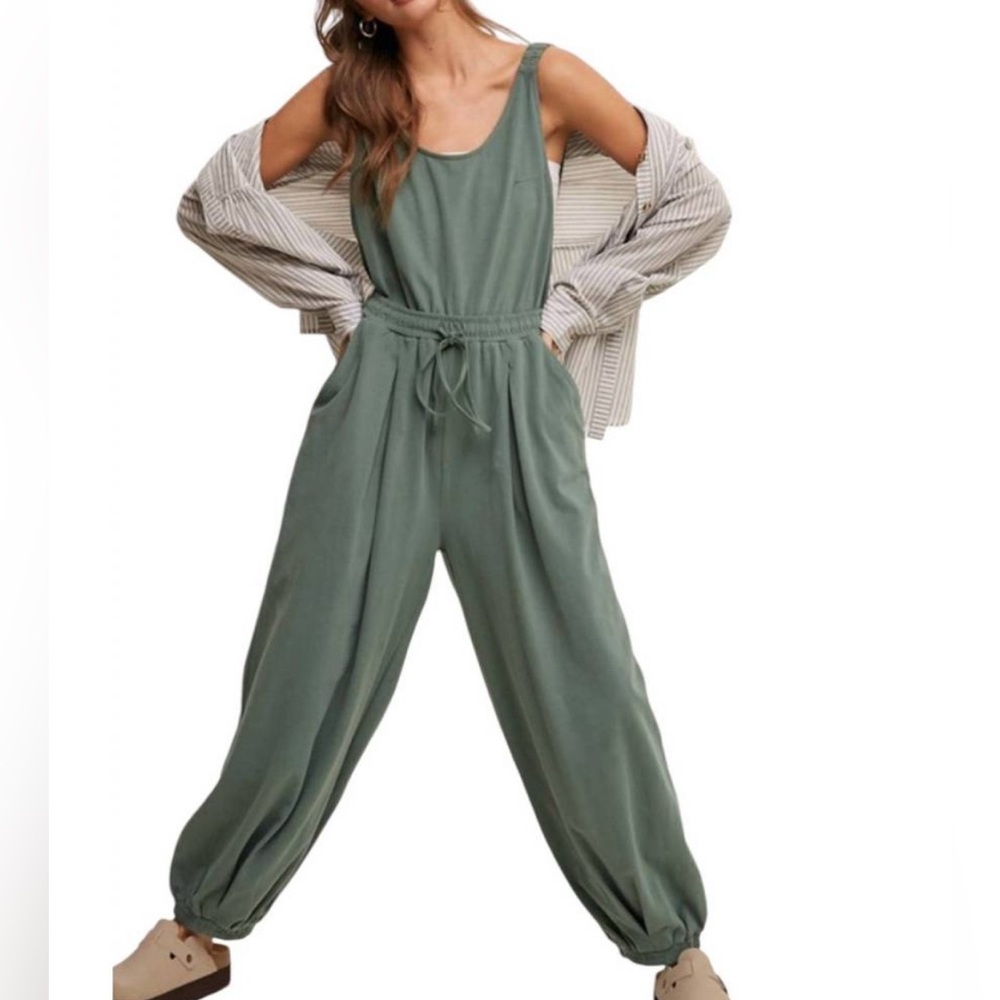LISTICLE Overalls GREY S COTTON KNIT Jumpsuit Tank Joggers Straps Pockets NWT